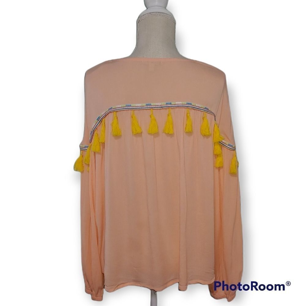 Gianni Bini medium orange long sleeve tassels boho peasant flowy top - Picture 5 of 7